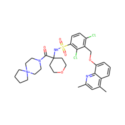 Cc1cc(C)c2cccc(OCc3c(Cl)ccc(S(=O)(=O)NC4(C(=O)N5CC[N+]6(CCCC6)CC5)CCOCC4)c3Cl)c2n1 ZINC000082178762