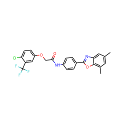 Cc1cc(C)c2oc(-c3ccc(NC(=O)COc4ccc(Cl)c(C(F)(F)F)c4)cc3)nc2c1 ZINC000029049154