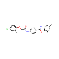 Cc1cc(C)c2oc(-c3ccc(NC(=O)COc4ccc(Cl)cc4C)cc3)nc2c1 ZINC000029048992
