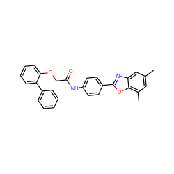 Cc1cc(C)c2oc(-c3ccc(NC(=O)COc4ccccc4-c4ccccc4)cc3)nc2c1 ZINC000029049427