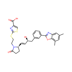 Cc1cc(C)c2oc(-c3cccc(C[C@H](O)/C=C/[C@H]4CCC(=O)N4CCSc4nc(C(=O)O)cs4)c3)nc2c1 ZINC000084709267