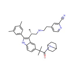 Cc1cc(C)cc(-c2[nH]c3ccc(C(C)(C)C(=O)N4CC5CCC4CC5)cc3c2[C@H](C)CNCCc2ccnc(C#N)c2)c1 ZINC000027072766