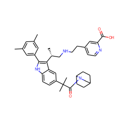 Cc1cc(C)cc(-c2[nH]c3ccc(C(C)(C)C(=O)N4CC5CCC4CC5)cc3c2[C@H](C)CNCCc2ccnc(C(=O)O)c2)c1 ZINC000027078193