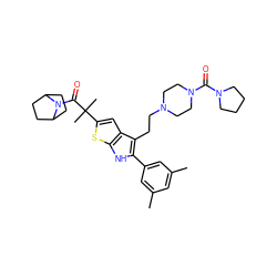 Cc1cc(C)cc(-c2[nH]c3sc(C(C)(C)C(=O)N4C5CCC4CC5)cc3c2CCN2CCN(C(=O)N3CCCC3)CC2)c1 ZINC000028961505