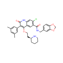 Cc1cc(C)cc(-c2c(OCC[C@@H]3CCCCN3)c3cc(C(=O)NCc4ccc5c(c4)OCO5)c(Cl)cc3[nH]c2=O)c1 ZINC000027520615