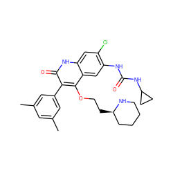 Cc1cc(C)cc(-c2c(OCC[C@@H]3CCCCN3)c3cc(NC(=O)NC4CC4)c(Cl)cc3[nH]c2=O)c1 ZINC000029415670