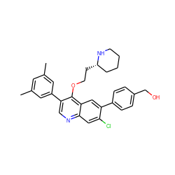 Cc1cc(C)cc(-c2cnc3cc(Cl)c(-c4ccc(CO)cc4)cc3c2OCC[C@H]2CCCCN2)c1 ZINC000071297140