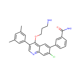 Cc1cc(C)cc(-c2cnc3cc(Cl)c(-c4cccc(C(N)=O)c4)cc3c2OCCCN)c1 ZINC000071296308