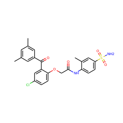 Cc1cc(C)cc(C(=O)c2cc(Cl)ccc2OCC(=O)Nc2ccc(S(N)(=O)=O)cc2C)c1 ZINC000013679766