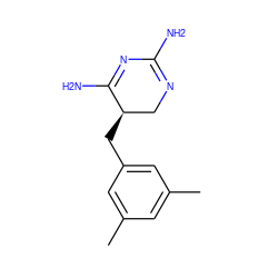 Cc1cc(C)cc(C[C@@H]2CN=C(N)N=C2N)c1 ZINC000013757848