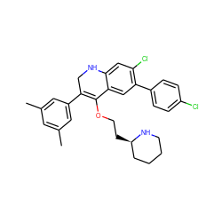 Cc1cc(C)cc(C2=C(OCC[C@@H]3CCCCN3)c3cc(-c4ccc(Cl)cc4)c(Cl)cc3NC2)c1 ZINC000071330466