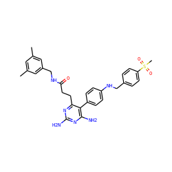 Cc1cc(C)cc(CNC(=O)CCc2nc(N)nc(N)c2-c2ccc(NCc3ccc(S(C)(=O)=O)cc3)cc2)c1 ZINC000036349141