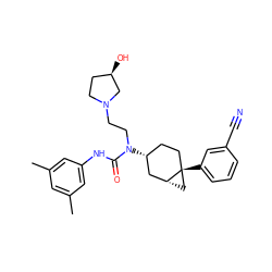Cc1cc(C)cc(NC(=O)N(CCN2CC[C@@H](O)C2)[C@@H]2CC[C@]3(c4cccc(C#N)c4)C[C@@H]3C2)c1 ZINC000028649837