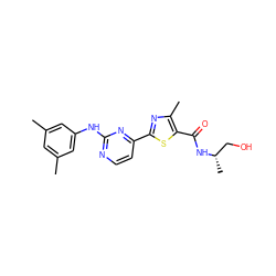 Cc1cc(C)cc(Nc2nccc(-c3nc(C)c(C(=O)N[C@@H](C)CO)s3)n2)c1 ZINC000039194443