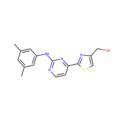 Cc1cc(C)cc(Nc2nccc(-c3nc(CO)cs3)n2)c1 ZINC000006716290