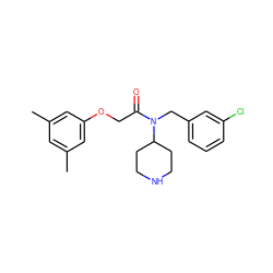 Cc1cc(C)cc(OCC(=O)N(Cc2cccc(Cl)c2)C2CCNCC2)c1 ZINC000013437335