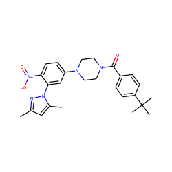 Cc1cc(C)n(-c2cc(N3CCN(C(=O)c4ccc(C(C)(C)C)cc4)CC3)ccc2[N+](=O)[O-])n1 ZINC000008666796