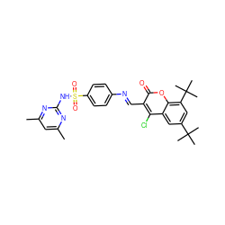 Cc1cc(C)nc(NS(=O)(=O)c2ccc(/N=C/c3c(Cl)c4cc(C(C)(C)C)cc(C(C)(C)C)c4oc3=O)cc2)n1 ZINC000096921659