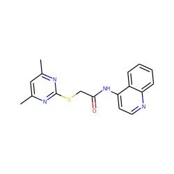 Cc1cc(C)nc(SCC(=O)Nc2ccnc3ccccc23)n1 ZINC000000528219