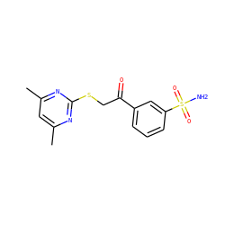 Cc1cc(C)nc(SCC(=O)c2cccc(S(N)(=O)=O)c2)n1 ZINC000096940241