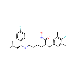 Cc1cc(C[C@H](CCCCN[C@@H](CC(C)C)c2ccc(F)cc2)C(=O)NO)cc(C)c1F ZINC000084603344