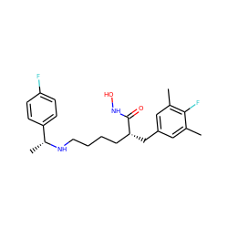 Cc1cc(C[C@H](CCCCN[C@H](C)c2ccc(F)cc2)C(=O)NO)cc(C)c1F ZINC000084603855