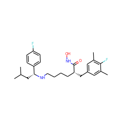 Cc1cc(C[C@H](CCCCN[C@H](CC(C)C)c2ccc(F)cc2)C(=O)NO)cc(C)c1F ZINC000084602511