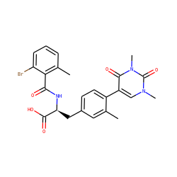 Cc1cc(C[C@H](NC(=O)c2c(C)cccc2Br)C(=O)O)ccc1-c1cn(C)c(=O)n(C)c1=O ZINC000095592215