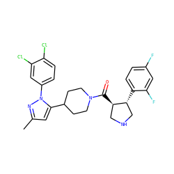 Cc1cc(C2CCN(C(=O)[C@@H]3CNC[C@H]3c3ccc(F)cc3F)CC2)n(-c2ccc(Cl)c(Cl)c2)n1 ZINC000084601970