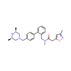 Cc1cc(CC(=O)N(C)Cc2ccccc2-c2ccc(CN3C[C@H](C)N[C@H](C)C3)cc2)on1 ZINC000040394314