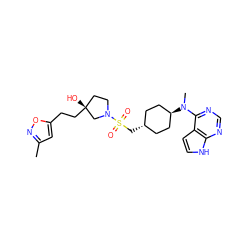 Cc1cc(CC[C@]2(O)CCN(S(=O)(=O)C[C@H]3CC[C@H](N(C)c4ncnc5[nH]ccc45)CC3)C2)on1 ZINC000261104053