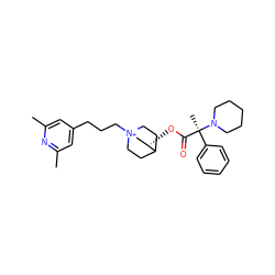 Cc1cc(CCC[N+]23CCC(CC2)[C@@H](OC(=O)[C@](C)(c2ccccc2)N2CCCCC2)C3)cc(C)n1 ZINC000073160299