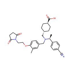 Cc1cc(CN(C[C@H]2CC[C@H](C(=O)O)CC2)[C@@H](C)c2ccc(C#N)cc2)ccc1OCCN1C(=O)CCC1=O ZINC000473228731