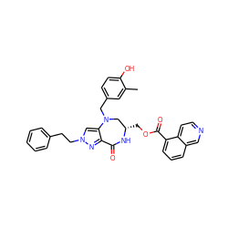 Cc1cc(CN2C[C@H](COC(=O)c3cccc4cnccc34)NC(=O)c3nn(CCc4ccccc4)cc32)ccc1O ZINC000049710105