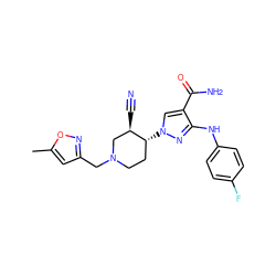 Cc1cc(CN2CC[C@@H](n3cc(C(N)=O)c(Nc4ccc(F)cc4)n3)[C@H](C#N)C2)no1 ZINC000220640220