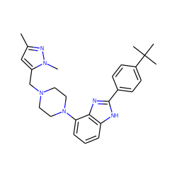 Cc1cc(CN2CCN(c3cccc4[nH]c(-c5ccc(C(C)(C)C)cc5)nc34)CC2)n(C)n1 ZINC000040954942