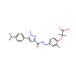 Cc1cc(CNC(=O)c2cc(-c3ccc(C(C)C)cc3)n(C)n2)ccc1OC(C)(C)C(=O)O ZINC000013983075