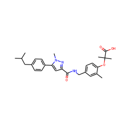 Cc1cc(CNC(=O)c2cc(-c3ccc(CC(C)C)cc3)n(C)n2)ccc1OC(C)(C)C(=O)O ZINC000013983071