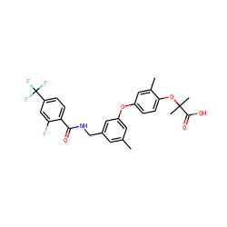 Cc1cc(CNC(=O)c2ccc(C(F)(F)F)cc2F)cc(Oc2ccc(OC(C)(C)C(=O)O)c(C)c2)c1 ZINC000028825474