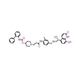 Cc1cc(CNC[C@H](O)c2ccc(O)c3[nH]c(=O)ccc23)ccc1NC(=O)CCN1CCC(OC(=O)Nc2ccccc2-c2ccccc2)CC1 ZINC000163063062