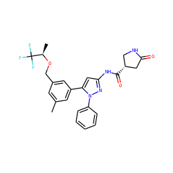 Cc1cc(CO[C@H](C)C(F)(F)F)cc(-c2cc(NC(=O)[C@@H]3CNC(=O)C3)nn2-c2ccccc2)c1 ZINC000169707328