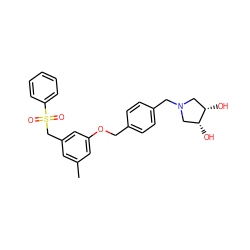 Cc1cc(CS(=O)(=O)c2ccccc2)cc(OCc2ccc(CN3C[C@H](O)[C@H](O)C3)cc2)c1 ZINC001772603602