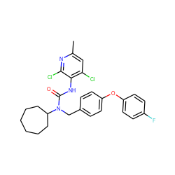 Cc1cc(Cl)c(NC(=O)N(Cc2ccc(Oc3ccc(F)cc3)cc2)C2CCCCCC2)c(Cl)n1 ZINC000013781732