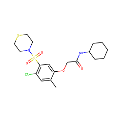 Cc1cc(Cl)c(S(=O)(=O)N2CCSCC2)cc1OCC(=O)NC1CCCCC1 ZINC000002850562