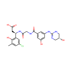 Cc1cc(Cl)cc([C@@H](CC(=O)O)NC(=O)CNC(=O)c2cc(O)cc(NC3=NC[C@@H](O)CN3)c2)c1O ZINC000028714303