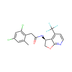 Cc1cc(Cl)cc(Cl)c1CC(=O)N[C@@H]1COc2nccc(C(F)(F)F)c21 ZINC000146658376