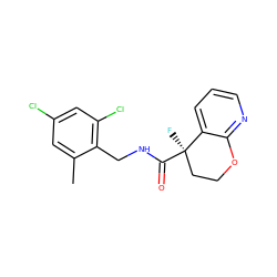 Cc1cc(Cl)cc(Cl)c1CNC(=O)[C@]1(F)CCOc2ncccc21 ZINC000205613895