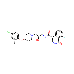 Cc1cc(Cl)ccc1OC1CCN(C[C@H](O)CNC(=O)c2c[nH]c(=O)c3c(F)cccc23)CC1 ZINC000095557856