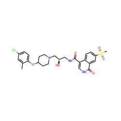 Cc1cc(Cl)ccc1OC1CCN(C[C@H](O)CNC(=O)c2c[nH]c(=O)c3cc(S(C)(=O)=O)ccc23)CC1 ZINC000095563716