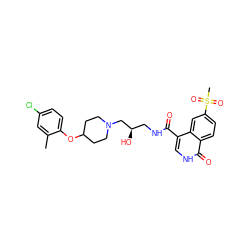 Cc1cc(Cl)ccc1OC1CCN(C[C@H](O)CNC(=O)c2c[nH]c(=O)c3ccc(S(C)(=O)=O)cc23)CC1 ZINC000095560904